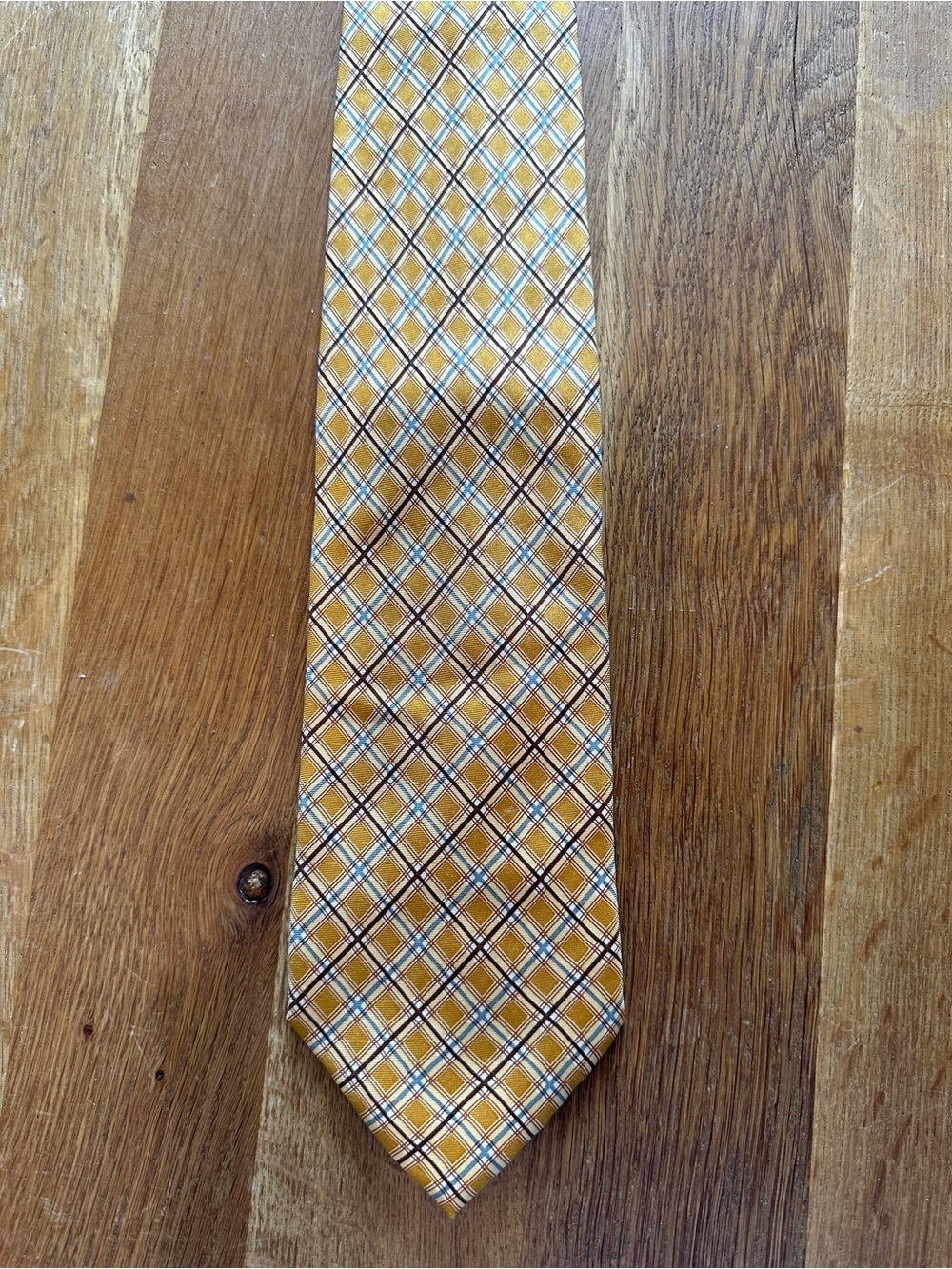 Yellow Plaid Silk Tie with Blue and Brown Accents